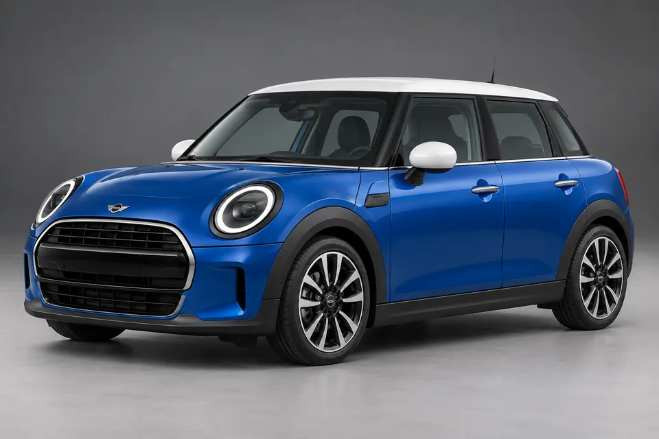 AI-generated front-three-quarter view of older MINI Cooper 5-Door F55 combustion-engine hatchback.
