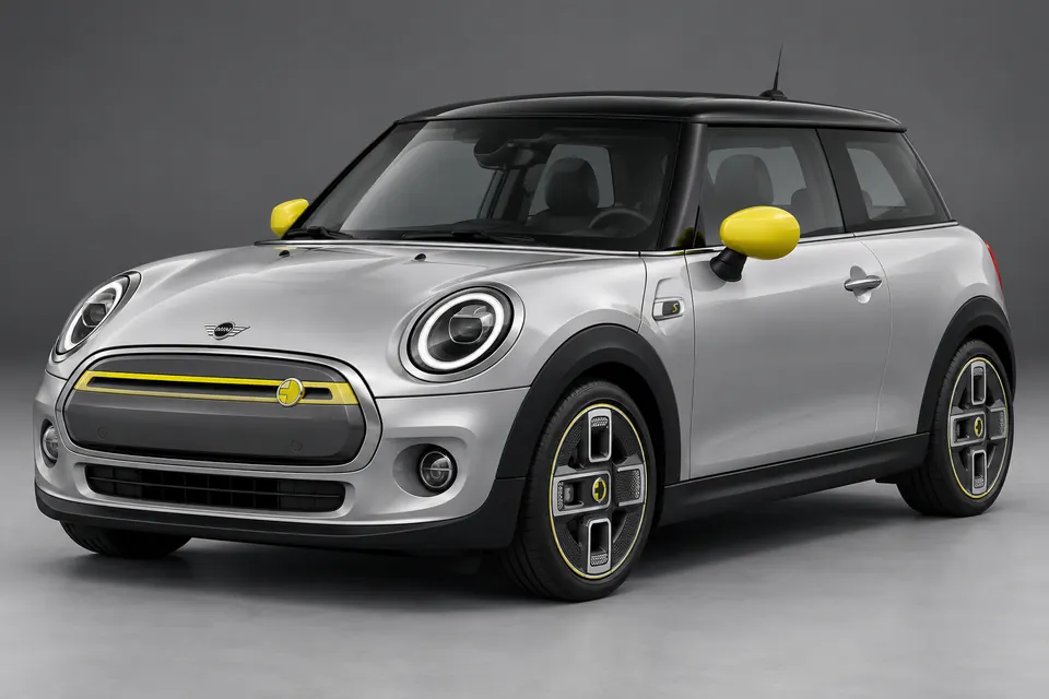 AI-generated front-three-quarter view of MINI Cooper SE F56 battery-electric three-door hatchback.
