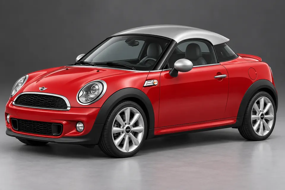 AI-generated front-three-quarter view of MINI Coupé R58 two-seat fixed-roof sports car.