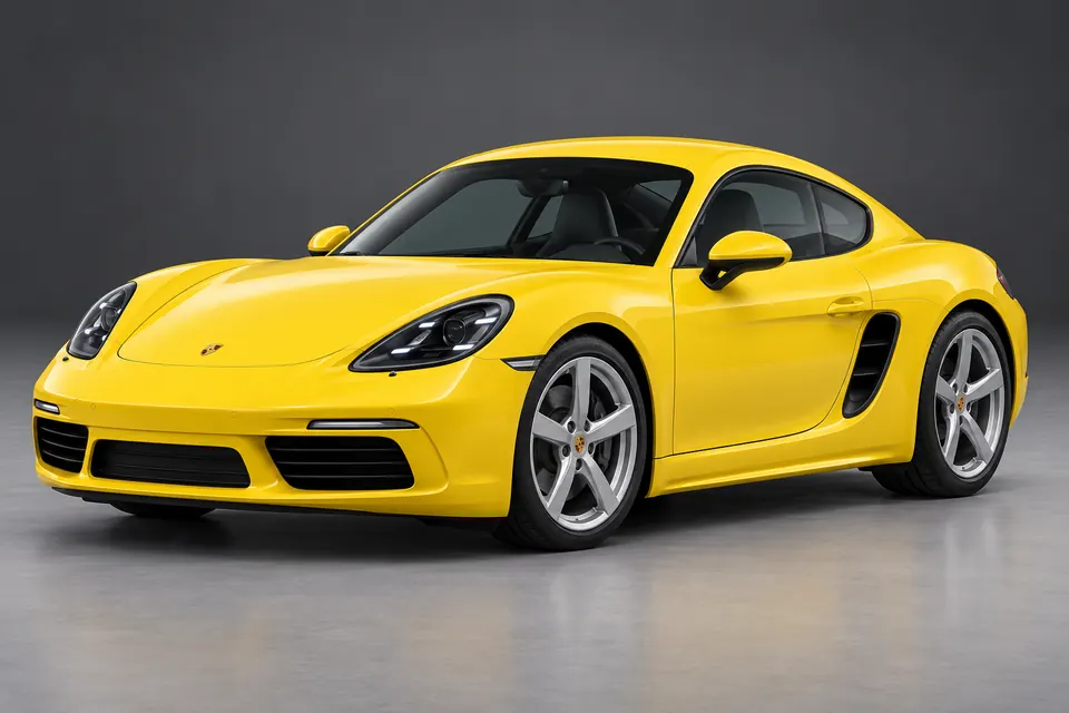 AI-generated front-three-quarter view of Porsche 718 Cayman 982 fixed-roof sports car.