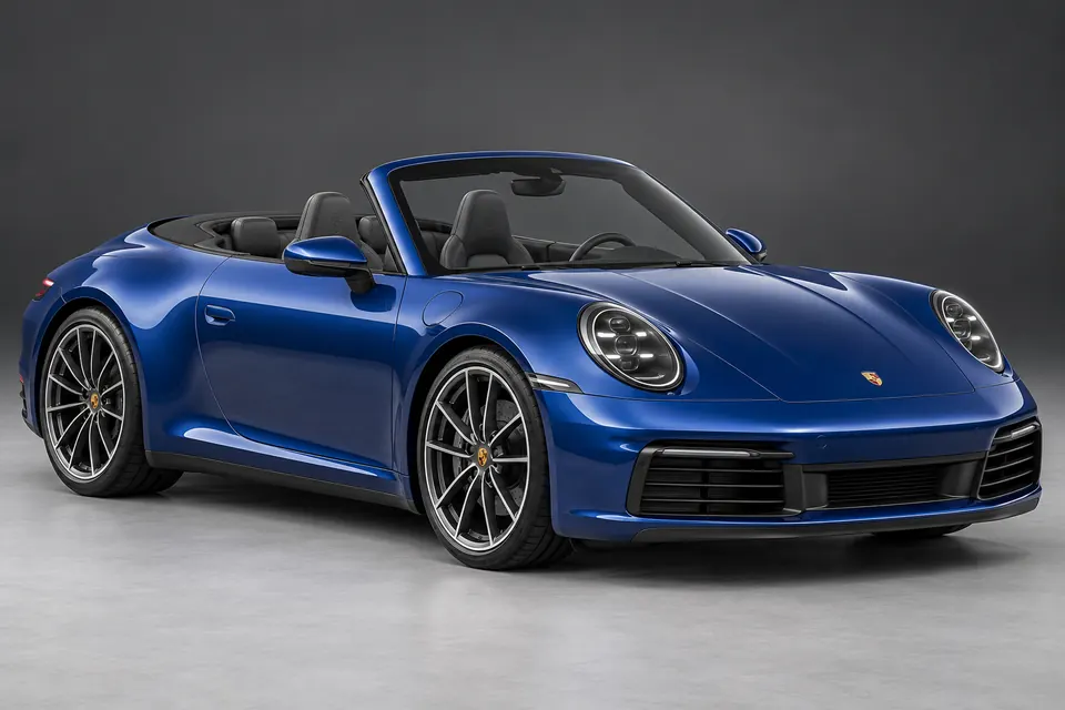 AI-generated front-three-quarter view of Porsche 911 992 Cabriolet with its fabric roof lowered.