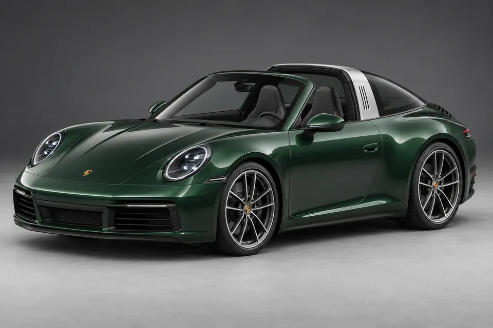 AI-generated front-three-quarter view of Porsche 911 992 Targa with its roof panel open.