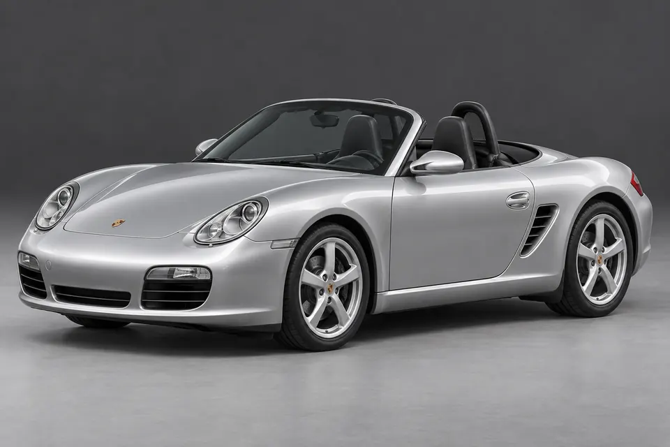 AI-generated front-three-quarter view of pre-718 Porsche Boxster 987 roadster with its roof lowered.