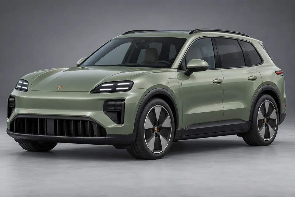 AI-generated front-three-quarter view of new-generation Porsche Cayenne Electric SUV.