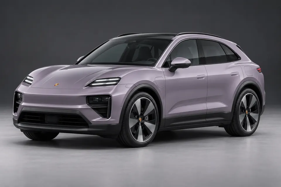 AI-generated front-three-quarter view of Porsche Macan Electric five-door battery-electric SUV.