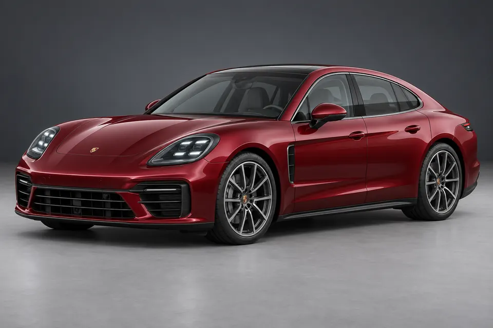 AI-generated front-three-quarter view of Porsche Panamera 976 five-door fastback saloon.