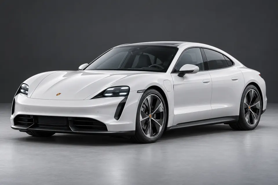 AI-generated front-three-quarter view of Porsche Taycan J1 electric sports saloon.
