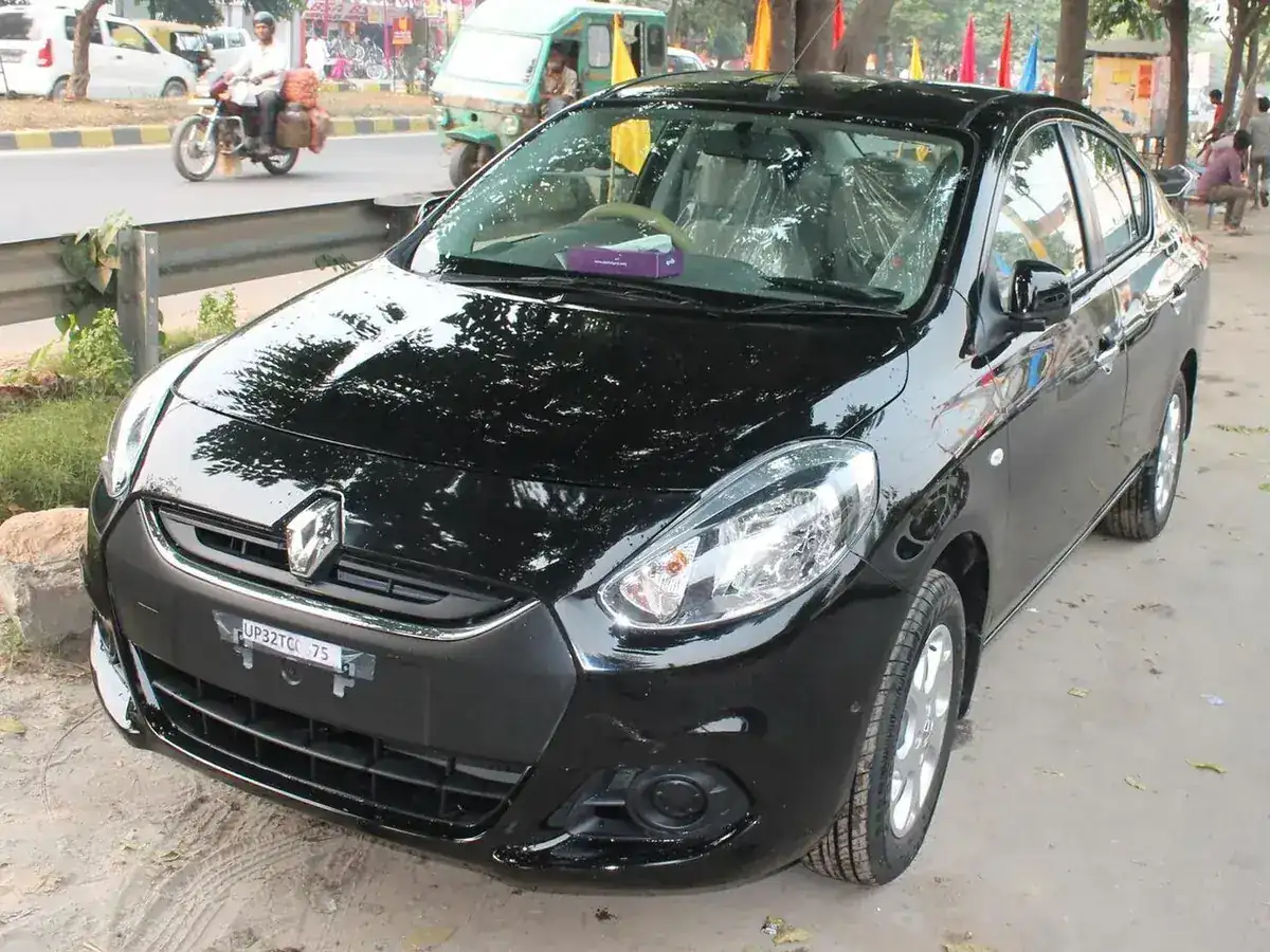 Black Renault Scala sedan viewed from the front and side in India