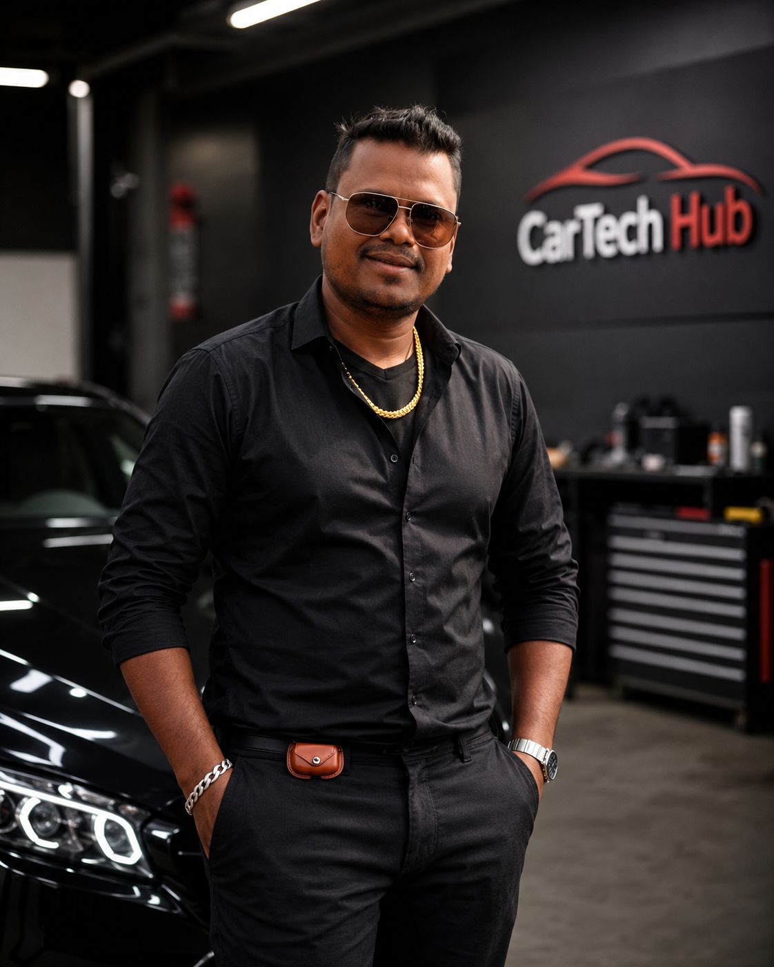 Rofiqul Islam, Founder and Automobile Engineer at CarTech Hub, beside a car with CarTech Hub signage behind him