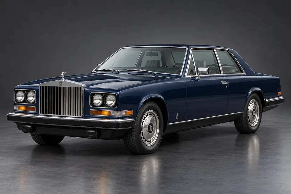 AI-generated studio illustration of a 1977 Rolls-Royce Camargue, front-left three-quarter view.