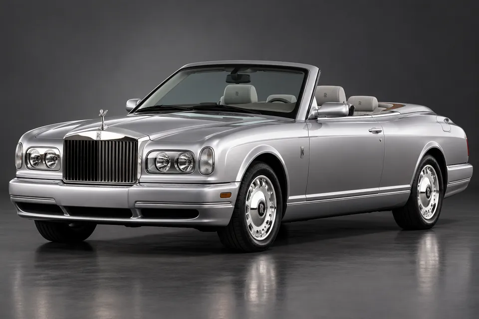 AI-generated studio illustration of a 2001 Rolls-Royce Corniche 2000 generation, front-left three-quarter view.