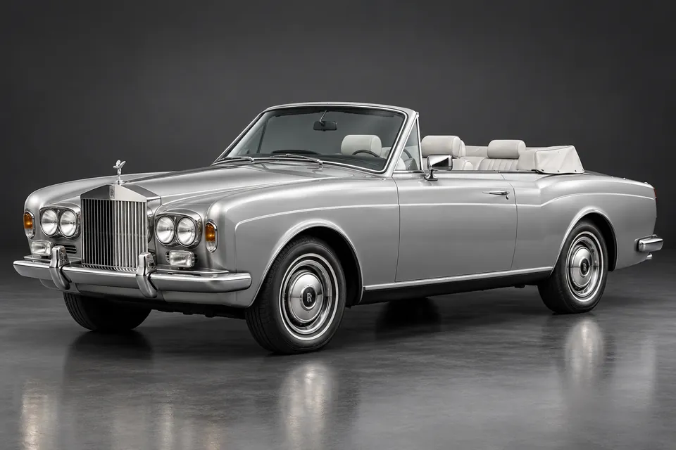 AI-generated studio illustration of a 1974 Rolls-Royce Corniche I convertible, front-left three-quarter view.