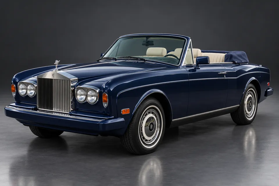 AI-generated studio illustration of a 1993 Rolls-Royce Corniche IV convertible, front-left three-quarter view.
