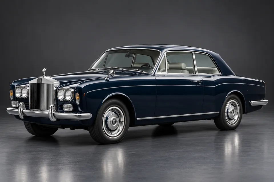 AI-generated studio illustration of a 1974 Rolls-Royce Corniche fixed-head coupé, front-left three-quarter view.