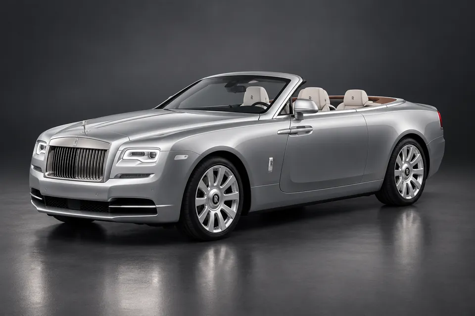 AI-generated studio illustration of a 2016 Rolls-Royce Dawn modern convertible, front-left three-quarter view.