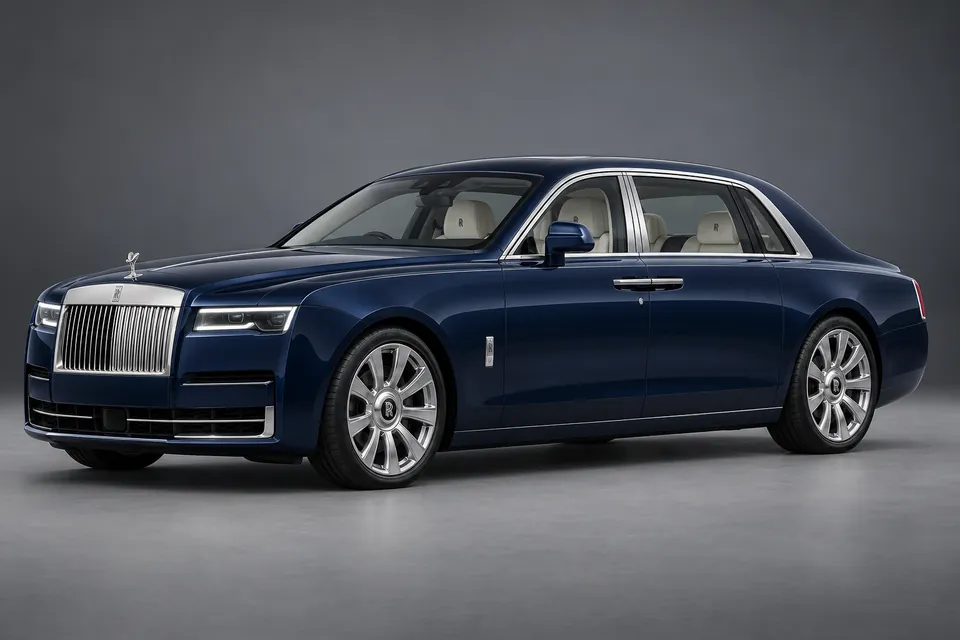 AI-generated illustration of a 2025 Rolls-Royce Ghost Extended Series II second-generation saloon in front-left three-quarter view.