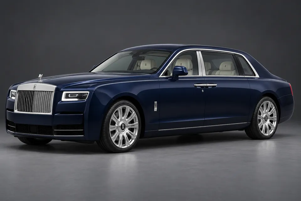 AI-generated illustration of a 2021 Rolls-Royce Ghost Extended second-generation saloon in front-left three-quarter view.