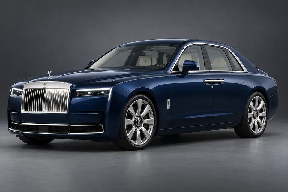 AI-generated illustration of a 2025 Rolls-Royce Ghost Series II second-generation standard-wheelbase saloon in front-left three-quarter view.