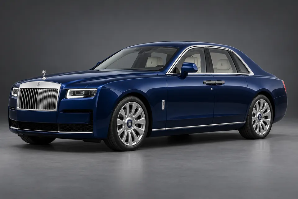 AI-generated illustration of a 2021 Rolls-Royce Ghost second-generation standard-wheelbase saloon in front-left three-quarter view.