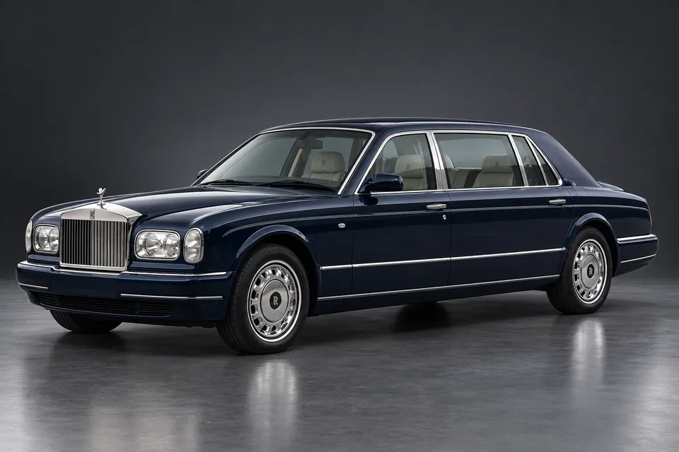 AI-generated studio illustration of a 2001 Rolls-Royce Park Ward Touring limousine, front-left three-quarter view.