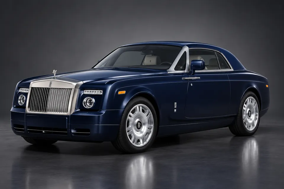 AI-generated studio illustration of a 2010 Rolls-Royce Phantom Coupé original, front-left three-quarter view.