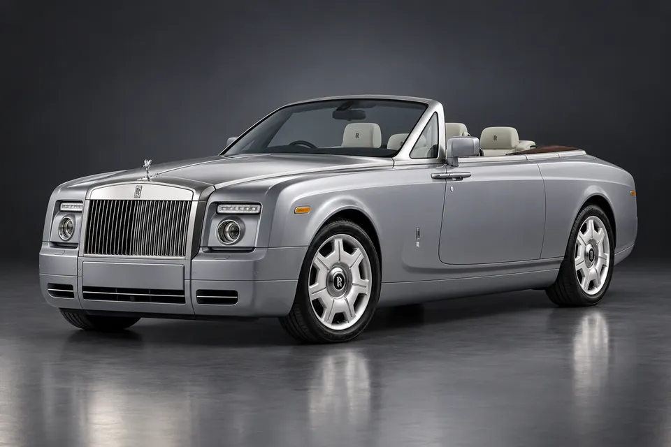 AI-generated studio illustration of a 2009 Rolls-Royce Phantom Drophead Coupé original, front-left three-quarter view.