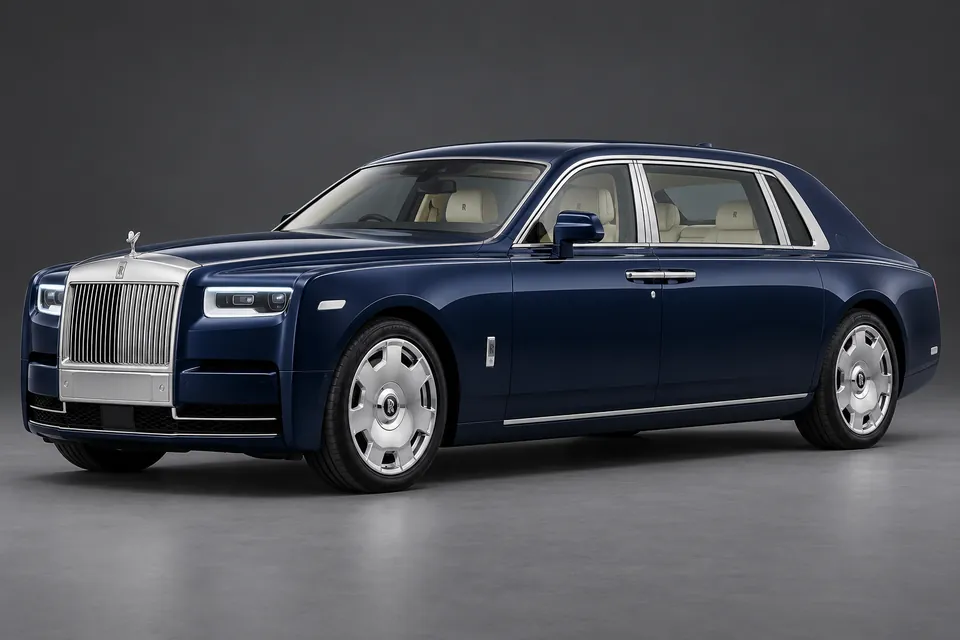 AI-generated illustration of a 2023 Rolls-Royce Phantom VIII Series II Extended saloon in front-left three-quarter view.