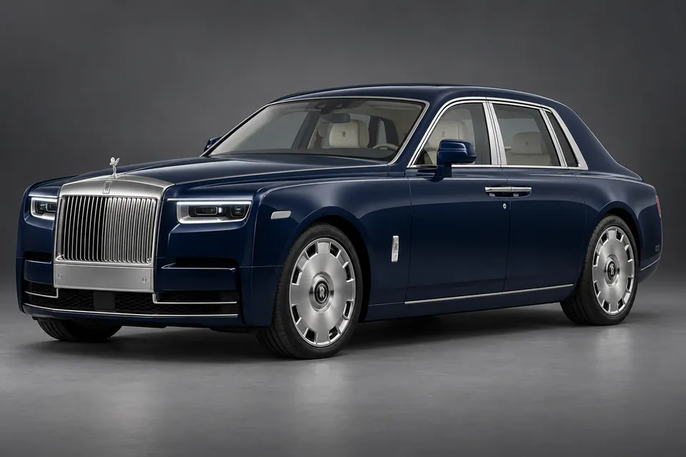 AI-generated illustration of a 2023 Rolls-Royce Phantom VIII Series II standard-wheelbase saloon in front-left three-quarter view.