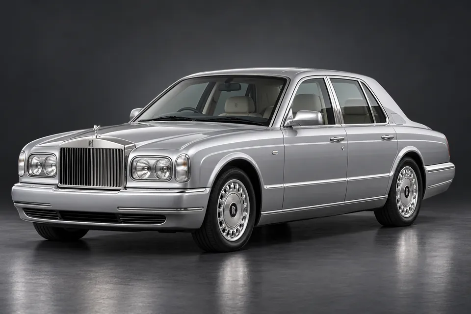 AI-generated studio illustration of a 1999 Rolls-Royce Silver Seraph, front-left three-quarter view.