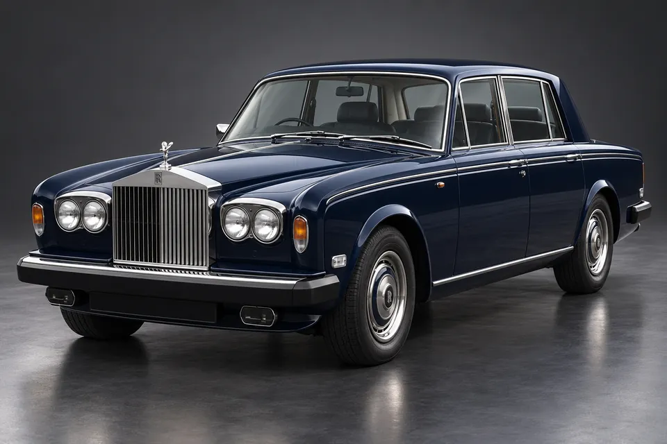 AI-generated studio illustration of a 1978 Rolls-Royce Silver Shadow II, front-left three-quarter view.