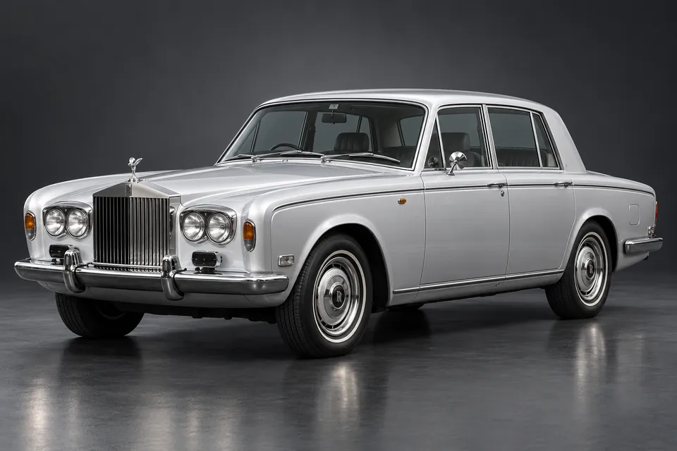 AI-generated studio illustration of a 1971 Rolls-Royce Silver Shadow I, front-left three-quarter view.