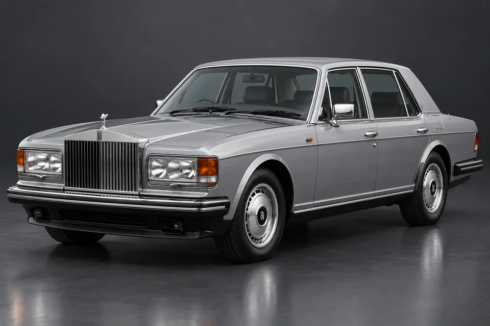 AI-generated studio illustration of a 1986 Rolls-Royce Silver Spirit, front-left three-quarter view.