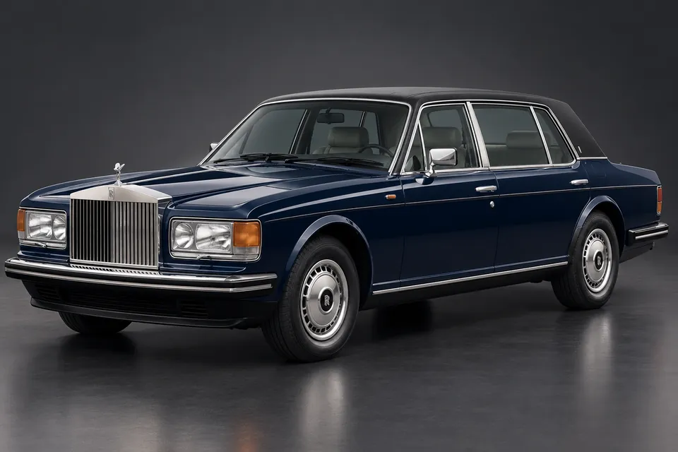 AI-generated studio illustration of a 1986 Rolls-Royce Silver Spur, front-left three-quarter view.