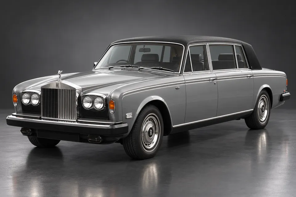 AI-generated studio illustration of a 1979 Rolls-Royce Silver Wraith II, front-left three-quarter view.