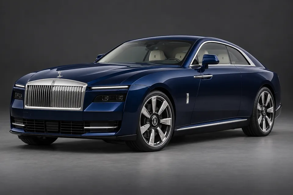 AI-generated illustration of a 2026 Rolls-Royce Spectre Series II electric coupe in front-left three-quarter view.