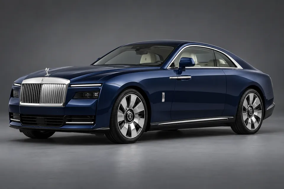 AI-generated illustration of a 2024 Rolls-Royce Spectre original electric coupe in front-left three-quarter view.