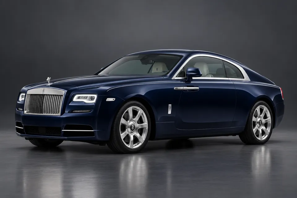 AI-generated studio illustration of a 2014 Rolls-Royce Wraith modern fastback coupé, front-left three-quarter view.