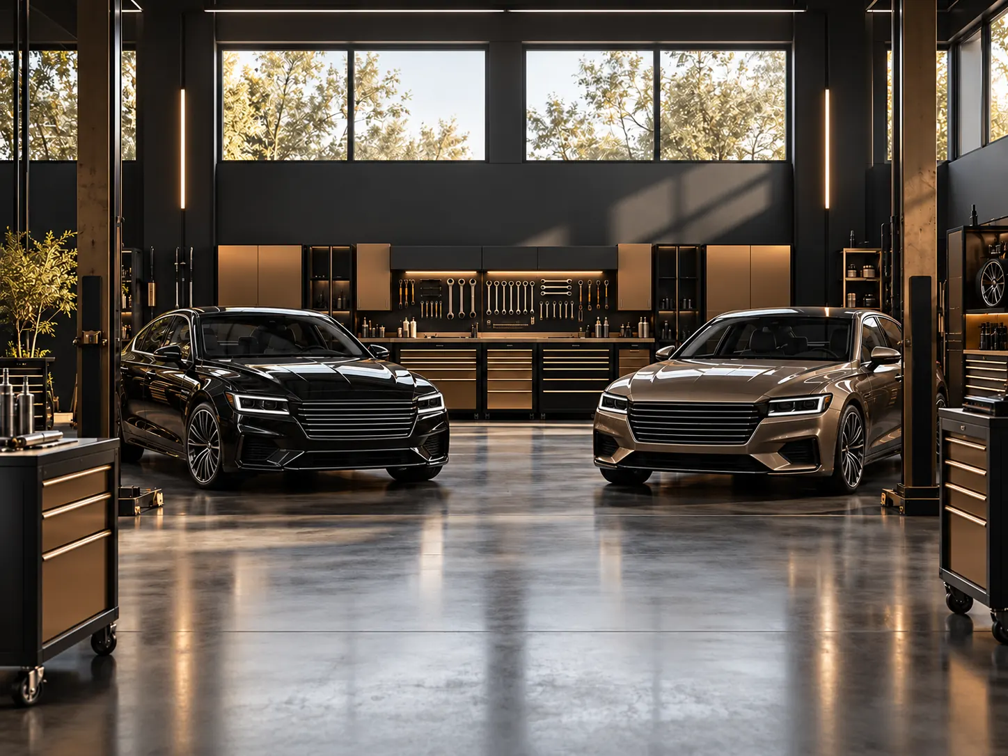 AI concept illustration of two unbranded cars in a charcoal-and-bronze workshop.