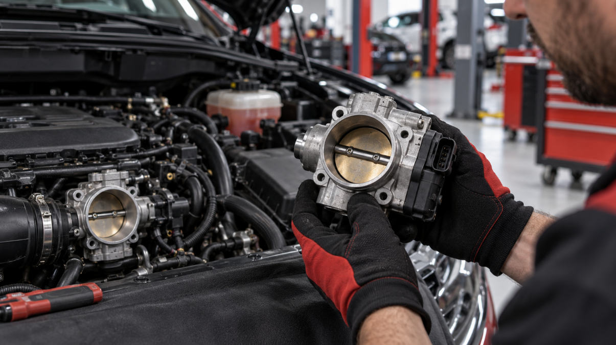 Mechanic inspecting a failing car throttle body at CarTech Hub in Guwahati